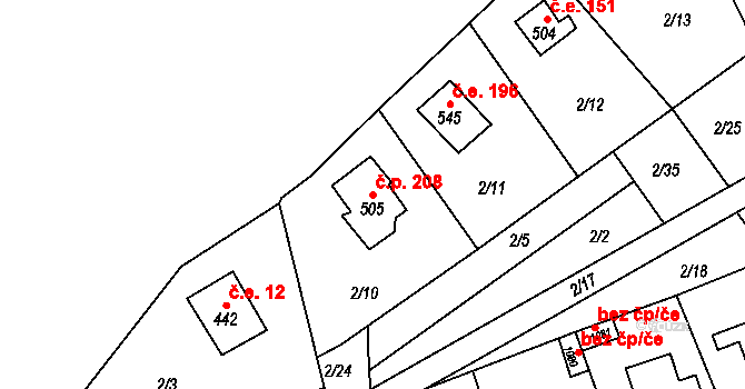 Čtyřkoly 208 na parcele st. 505 v KÚ Čtyřkoly, Katastrální mapa