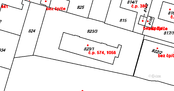 Třeboň II 574,1056, Třeboň na parcele st. 823/1 v KÚ Třeboň, Katastrální mapa