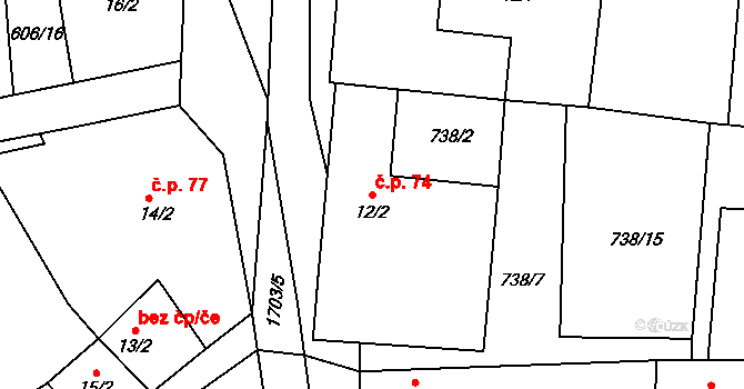 Malešov 74, Hoštka na parcele st. 12/2 v KÚ Malešov u Hoštky, Katastrální mapa