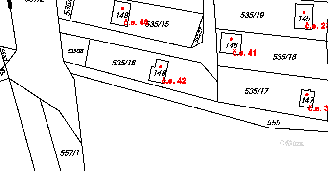 Bradlecká Lhota 42 na parcele st. 148 v KÚ Bradlecká Lhota, Katastrální mapa