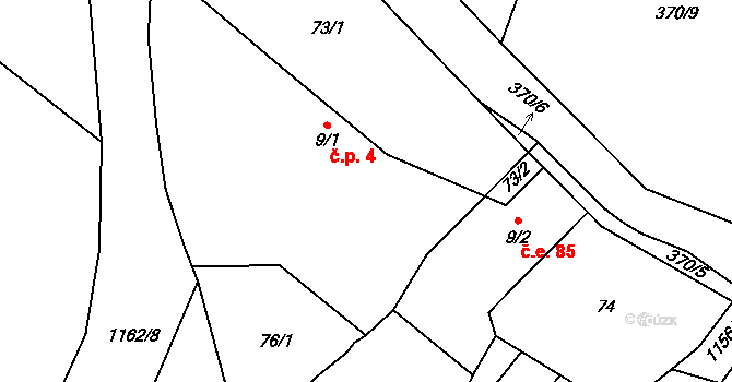 Prostřední Lhota 4, Chotilsko na parcele st. 9/1 v KÚ Prostřední Lhota, Katastrální mapa