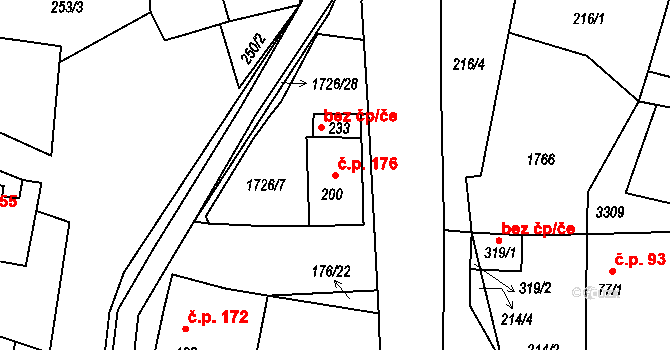 Lodhéřov 176 na parcele st. 200 v KÚ Lodhéřov, Katastrální mapa
