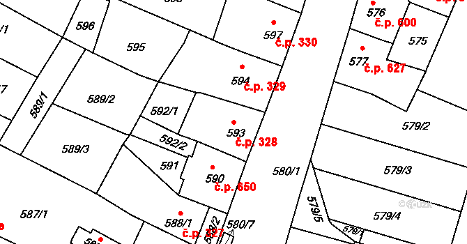 Kadaň 328 na parcele st. 593 v KÚ Kadaň, Katastrální mapa