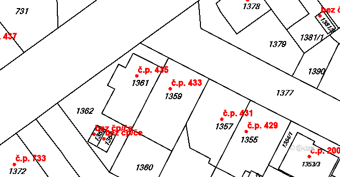 Černá Pole 433, Brno na parcele st. 1359 v KÚ Černá Pole, Katastrální mapa