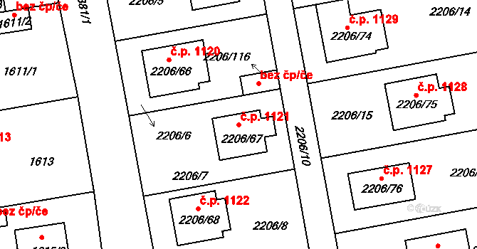 Pelhřimov 1121 na parcele st. 2206/67 v KÚ Pelhřimov, Katastrální mapa