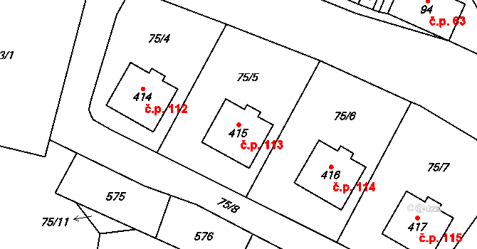 Šindelová 113 na parcele st. 415 v KÚ Šindelová, Katastrální mapa
