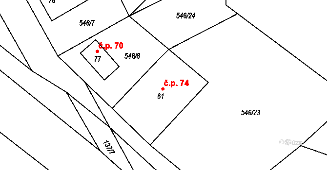 Dolní Lhota 74, Stráž nad Nežárkou na parcele st. 81 v KÚ Dolní Lhota u Stráže nad Nežárkou, Katastrální mapa