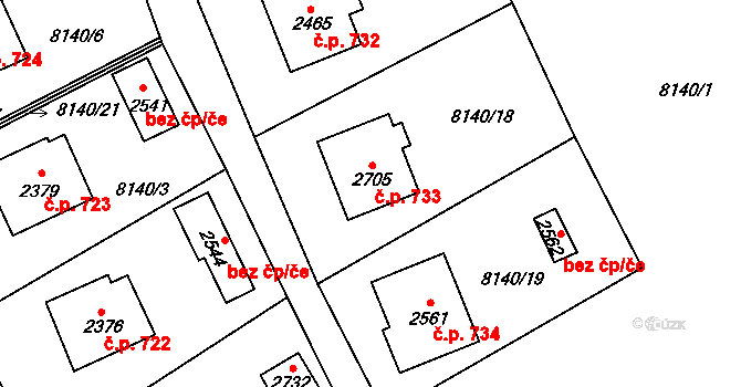Nový Hrozenkov 733 na parcele st. 2705 v KÚ Nový Hrozenkov, Katastrální mapa