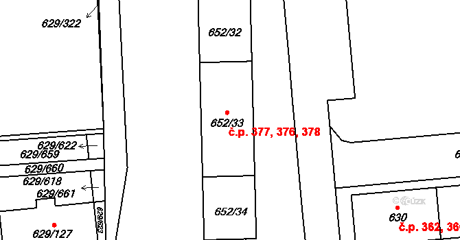 Letňany 376,377,378, Praha na parcele st. 652/33 v KÚ Letňany, Katastrální mapa