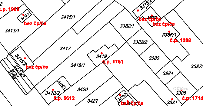 Chomutov 1751 na parcele st. 3419 v KÚ Chomutov I, Katastrální mapa