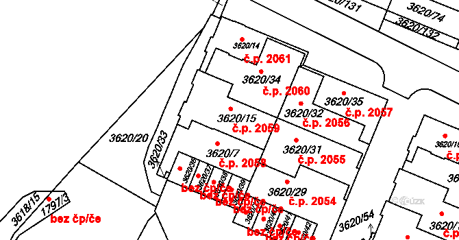 Tachov 2059 na parcele st. 3620/15 v KÚ Tachov, Katastrální mapa