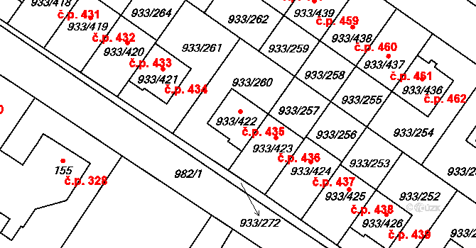 Satalice 435, Praha na parcele st. 933/422 v KÚ Satalice, Katastrální mapa