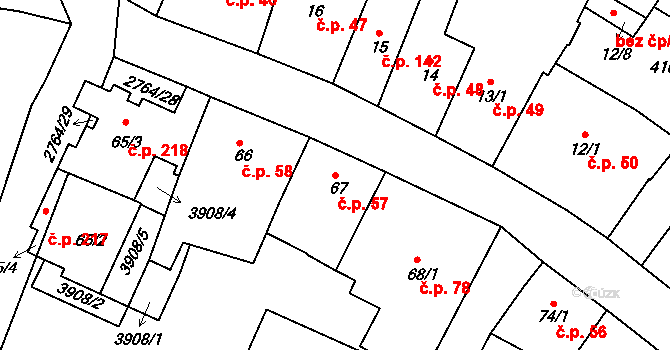Střed 57, Rokycany na parcele st. 67 v KÚ Rokycany, Katastrální mapa