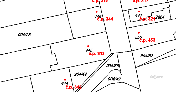 Malenovice 313, Zlín na parcele st. 445 v KÚ Malenovice u Zlína, Katastrální mapa
