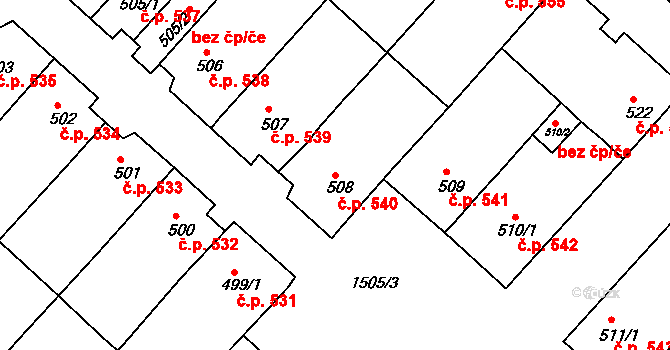 Ostrožské Předměstí 540, Uherský Ostroh na parcele st. 508 v KÚ Ostrožské Předměstí, Katastrální mapa