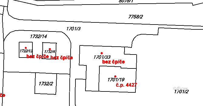 Prostějov 48241555 na parcele st. 1701/33 v KÚ Prostějov, Katastrální mapa