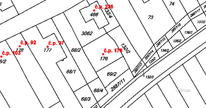 Veletiny 178 na parcele st. 176 v KÚ Veletiny, Katastrální mapa
