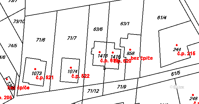 Velešín 619 na parcele st. 1418 v KÚ Velešín, Katastrální mapa