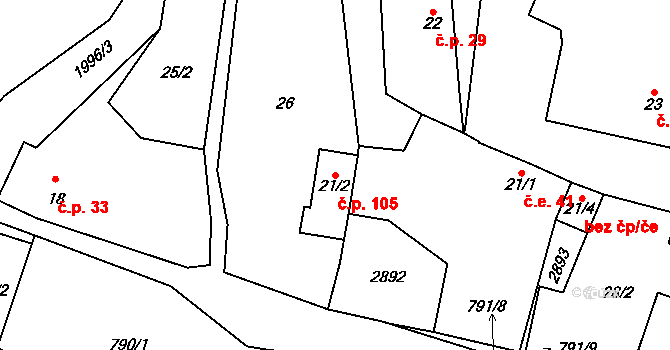 Vstiš 105 na parcele st. 21/2 v KÚ Vstiš, Katastrální mapa