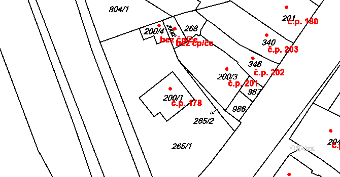Olšany u Prostějova 178 na parcele st. 200/1 v KÚ Olšany u Prostějova, Katastrální mapa