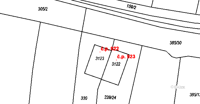 Litice 922, Plzeň na parcele st. 3123 v KÚ Litice u Plzně, Katastrální mapa