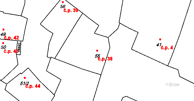 Miletice 38, Černuc na parcele st. 55 v KÚ Miletice u Velvar, Katastrální mapa
