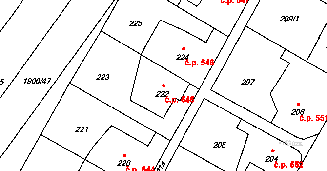 Lužice 545 na parcele st. 222 v KÚ Lužice u Hodonína, Katastrální mapa