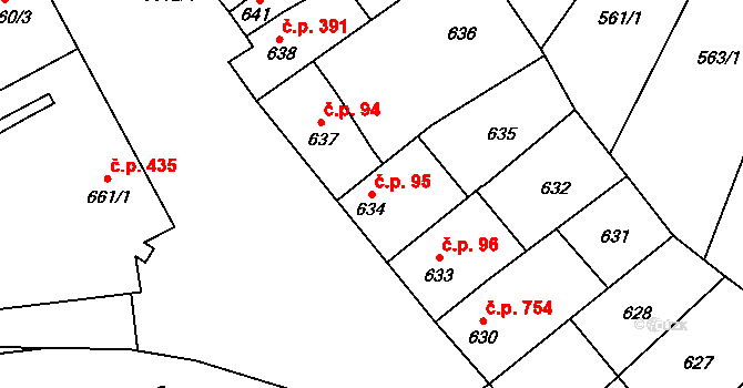 Vyškov-Předměstí 95, Vyškov na parcele st. 634 v KÚ Vyškov, Katastrální mapa