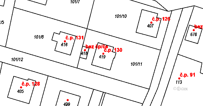Kunice 130 na parcele st. 419 v KÚ Kunice u Říčan, Katastrální mapa