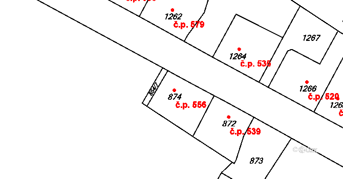 Kosmonosy 556 na parcele st. 874 v KÚ Kosmonosy, Katastrální mapa