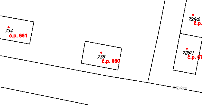 Libochovice 660 na parcele st. 735 v KÚ Libochovice, Katastrální mapa