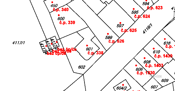 Roudnice nad Labem 338 na parcele st. 601 v KÚ Roudnice nad Labem, Katastrální mapa
