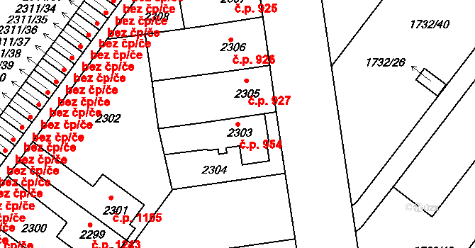 Roudnice nad Labem 954 na parcele st. 2303 v KÚ Roudnice nad Labem, Katastrální mapa