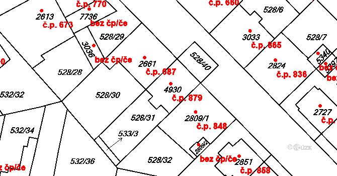 Borovina 879, Třebíč na parcele st. 4930 v KÚ Třebíč, Katastrální mapa