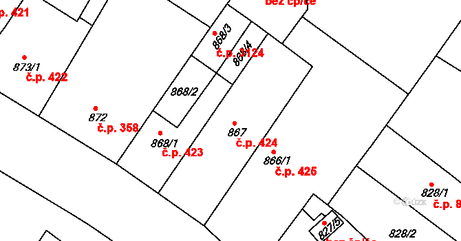 Teplice 424 na parcele st. 867 v KÚ Teplice, Katastrální mapa