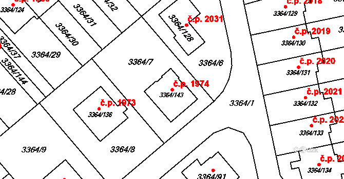 Místek 1974, Frýdek-Místek na parcele st. 3364/143 v KÚ Místek, Katastrální mapa