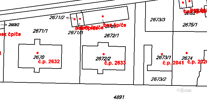 Smíchov 2633, Praha na parcele st. 2672/2 v KÚ Smíchov, Katastrální mapa