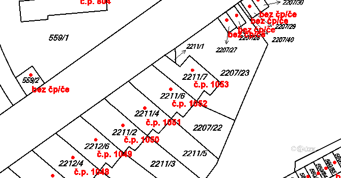 Střešovice 1052, Praha na parcele st. 2211/6 v KÚ Střešovice, Katastrální mapa