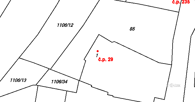 Černovír 29, Olomouc na parcele st. 1 v KÚ Černovír, Katastrální mapa