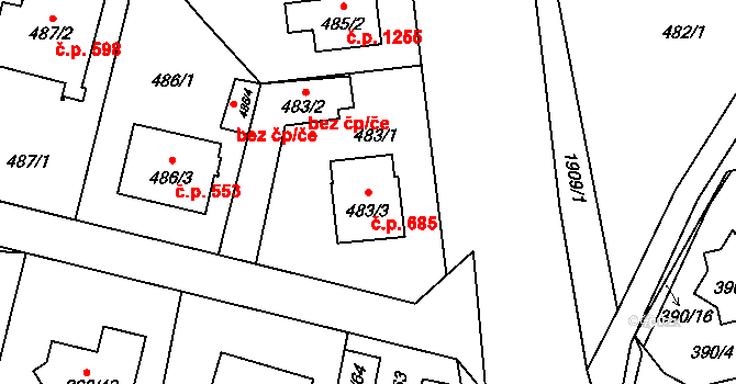 Černice 685, Plzeň na parcele st. 483/3 v KÚ Bručná, Katastrální mapa