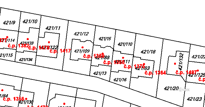Doubravka 1355, Plzeň na parcele st. 421/88 v KÚ Doubravka, Katastrální mapa