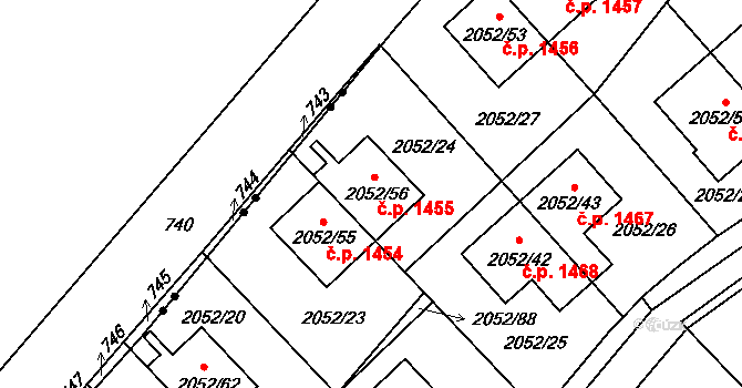 Radotín 1455, Praha na parcele st. 2052/56 v KÚ Radotín, Katastrální mapa
