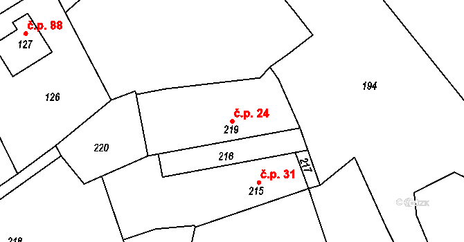 Vinařice 24, Týnec nad Labem na parcele st. 219 v KÚ Vinařice u Týnce nad Labem, Katastrální mapa