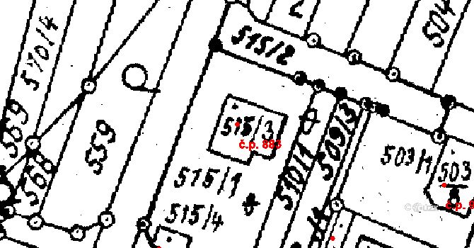 Kostelec na Hané 883 na parcele st. 515/3 v KÚ Kostelec na Hané, Katastrální mapa