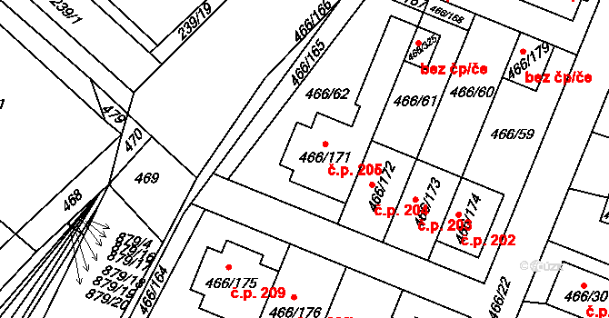 Rebešovice 205 na parcele st. 466/171 v KÚ Rebešovice, Katastrální mapa