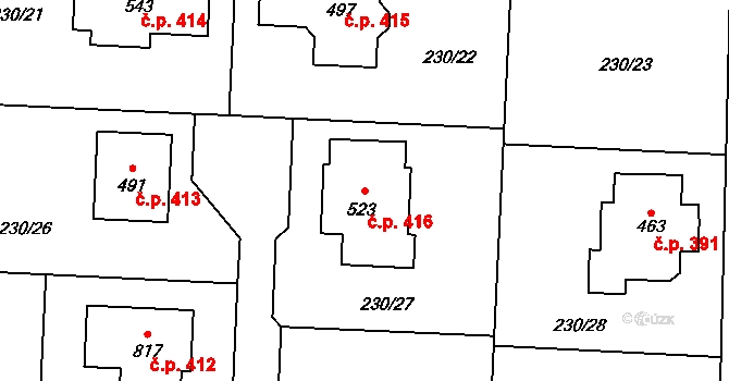 Vysoká nad Labem 416 na parcele st. 523 v KÚ Vysoká nad Labem, Katastrální mapa