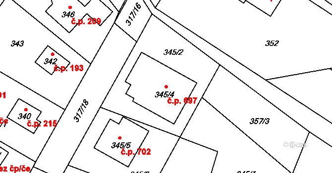 Výškovice 697, Ostrava na parcele st. 345/4 v KÚ Výškovice u Ostravy, Katastrální mapa