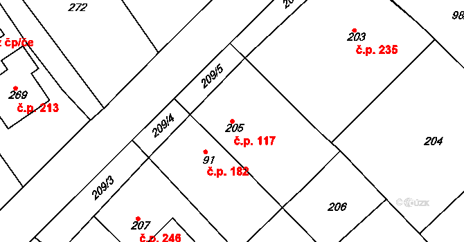 Horní Ves 117, Fryšták na parcele st. 205 v KÚ Horní Ves u Fryštáku, Katastrální mapa
