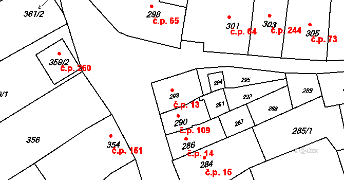 Heršpice 13 na parcele st. 293 v KÚ Heršpice, Katastrální mapa