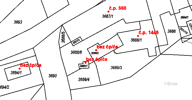 Jirkov 49719556 na parcele st. 3688/2 v KÚ Jirkov, Katastrální mapa